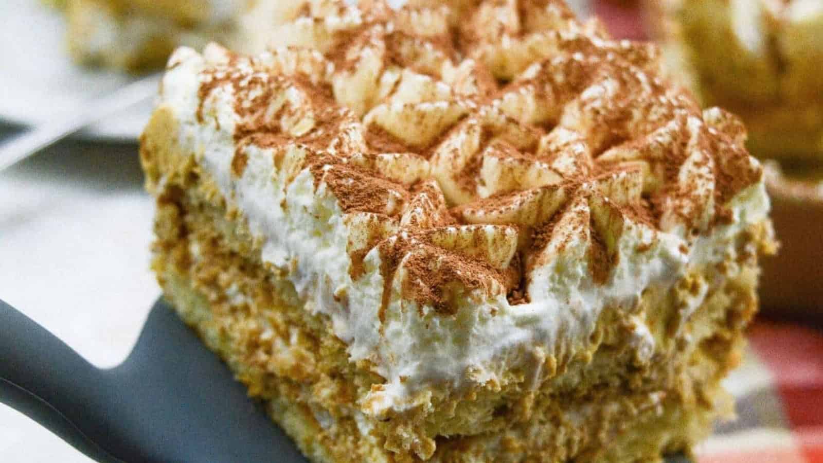 Piece of Pumpkin Tiramisu on serving spoon.