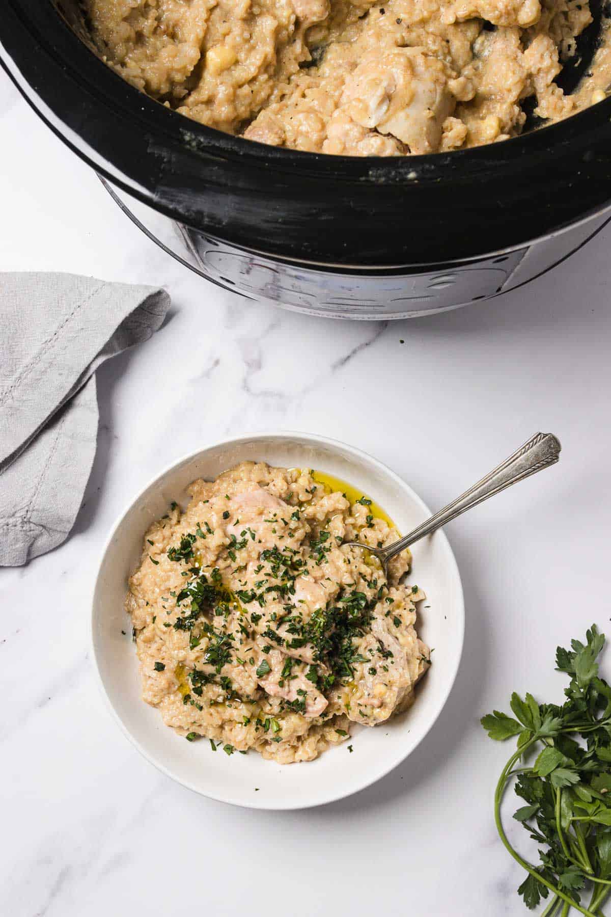 Bowl of creamy Crockpot chicken and rice garnished with herbs, next to a slow cooker and a sprig of parsley—a cozy classic for fans of easy crockpot recipes.
