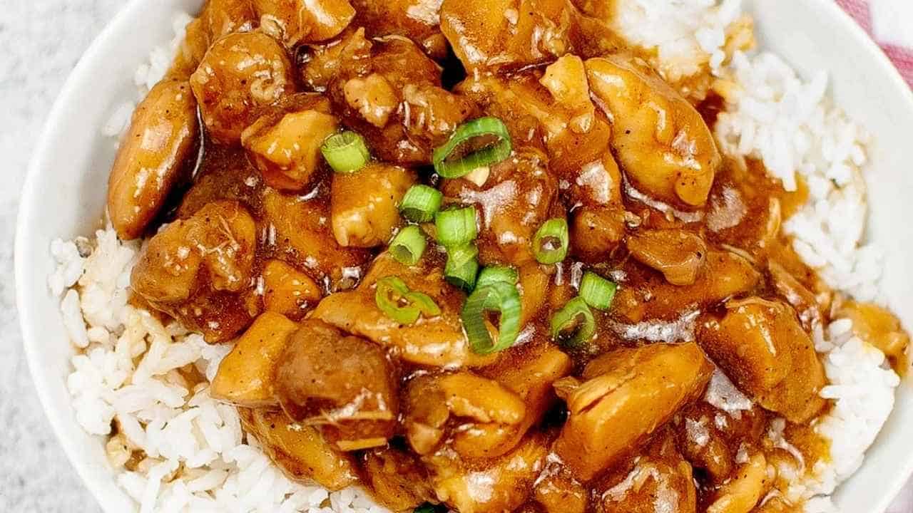 A bowl of white rice topped with pieces of chicken and mushrooms in a thick brown sauce, garnished with chopped green onions.