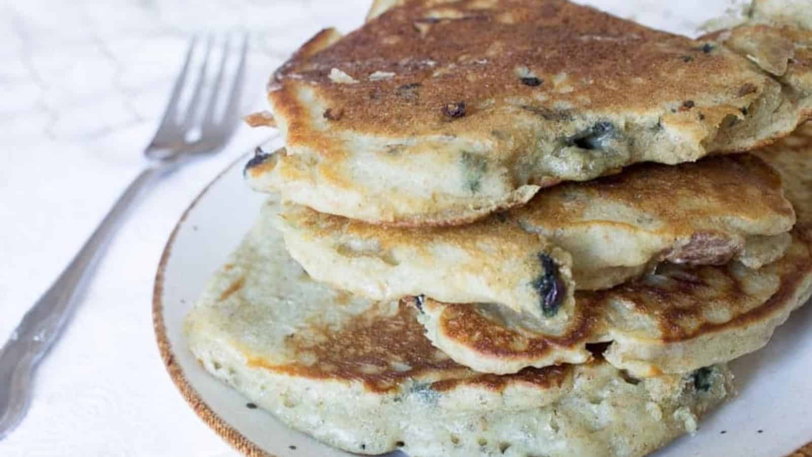 Stack of blueberry sourdough discard pancakes.
