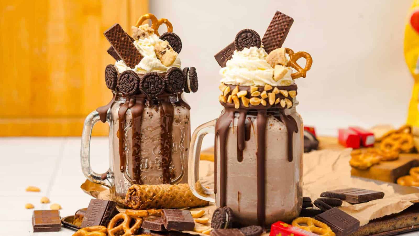 Two chocolate milkshakes in jars topped with whipped cream, cookies, chocolate, pretzels, and nuts.