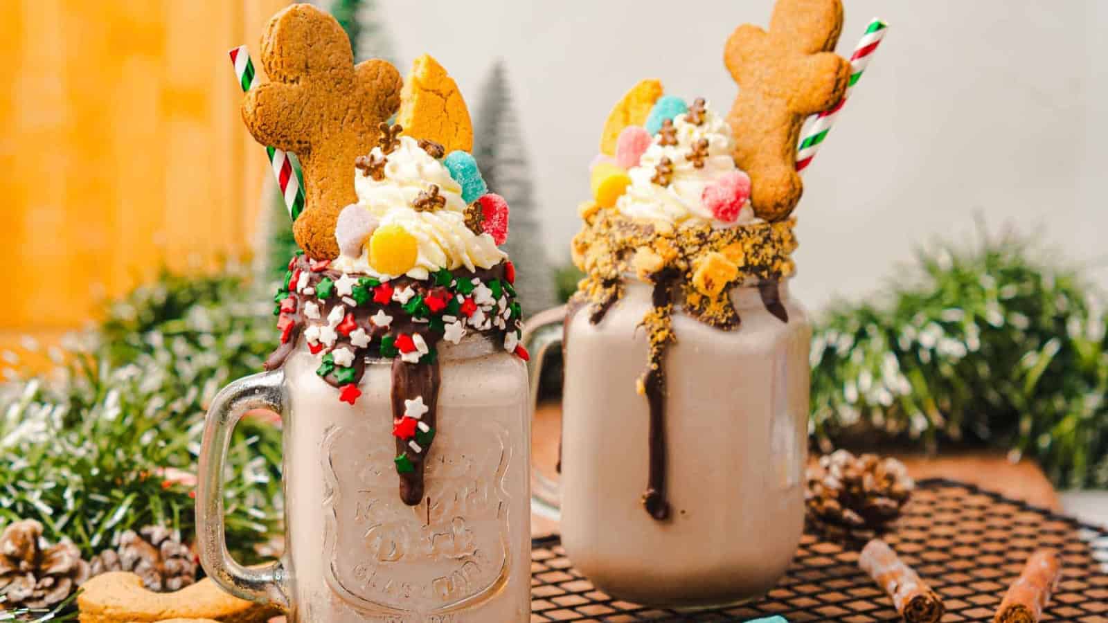 Two festive milkshakes topped with gingerbread cookies, sprinkles, candy, and striped straws in glass jars.