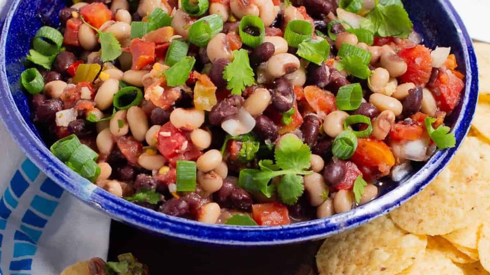 Mexican Caviar made with beans, corn, and veggies in a bowl.