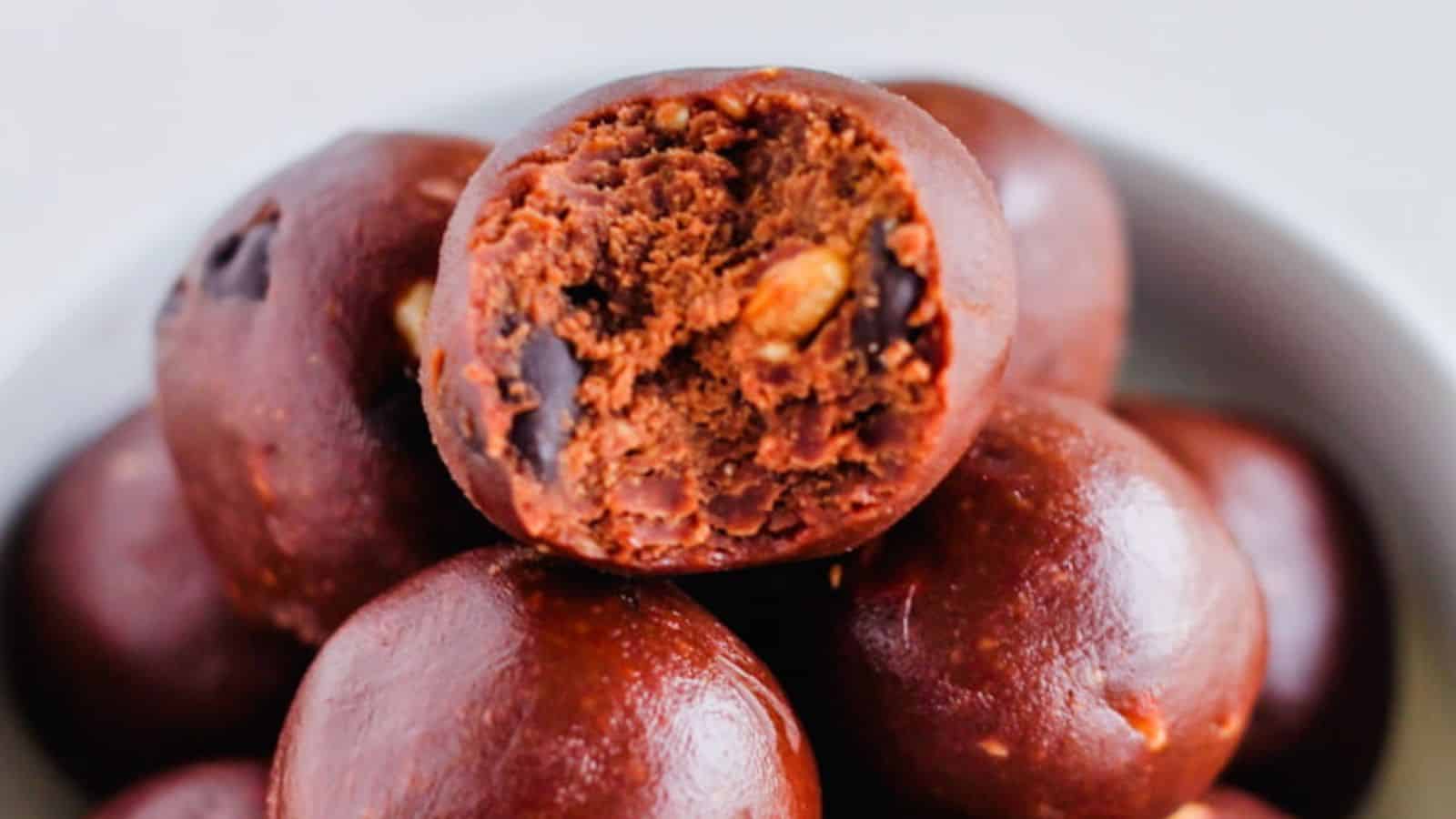 A bowl of no bake brownie bites.