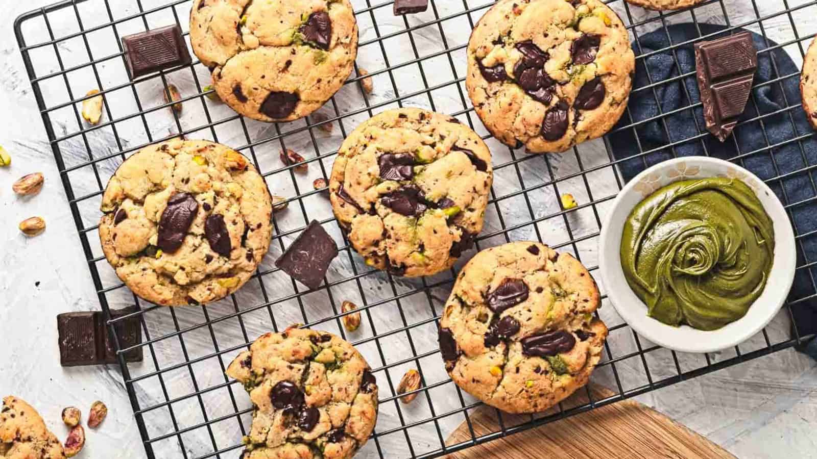 Chocolate chunk cookies cooling on a wire rack, with a bowl of green pistachio spread on the side.