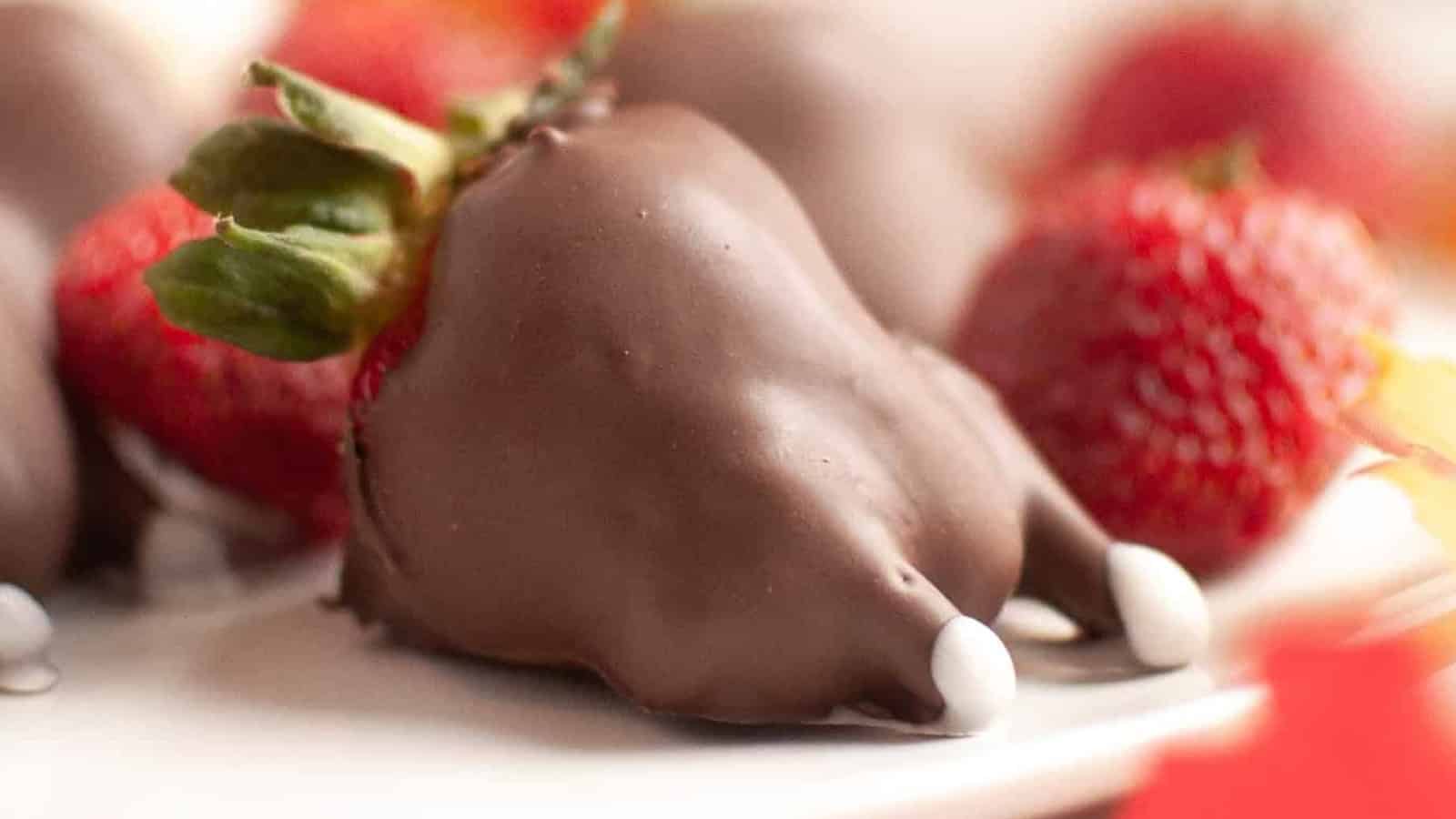 Strawberries dipped in chocolate to look like turkeys on a white plate, with fall decor and a red napkin.