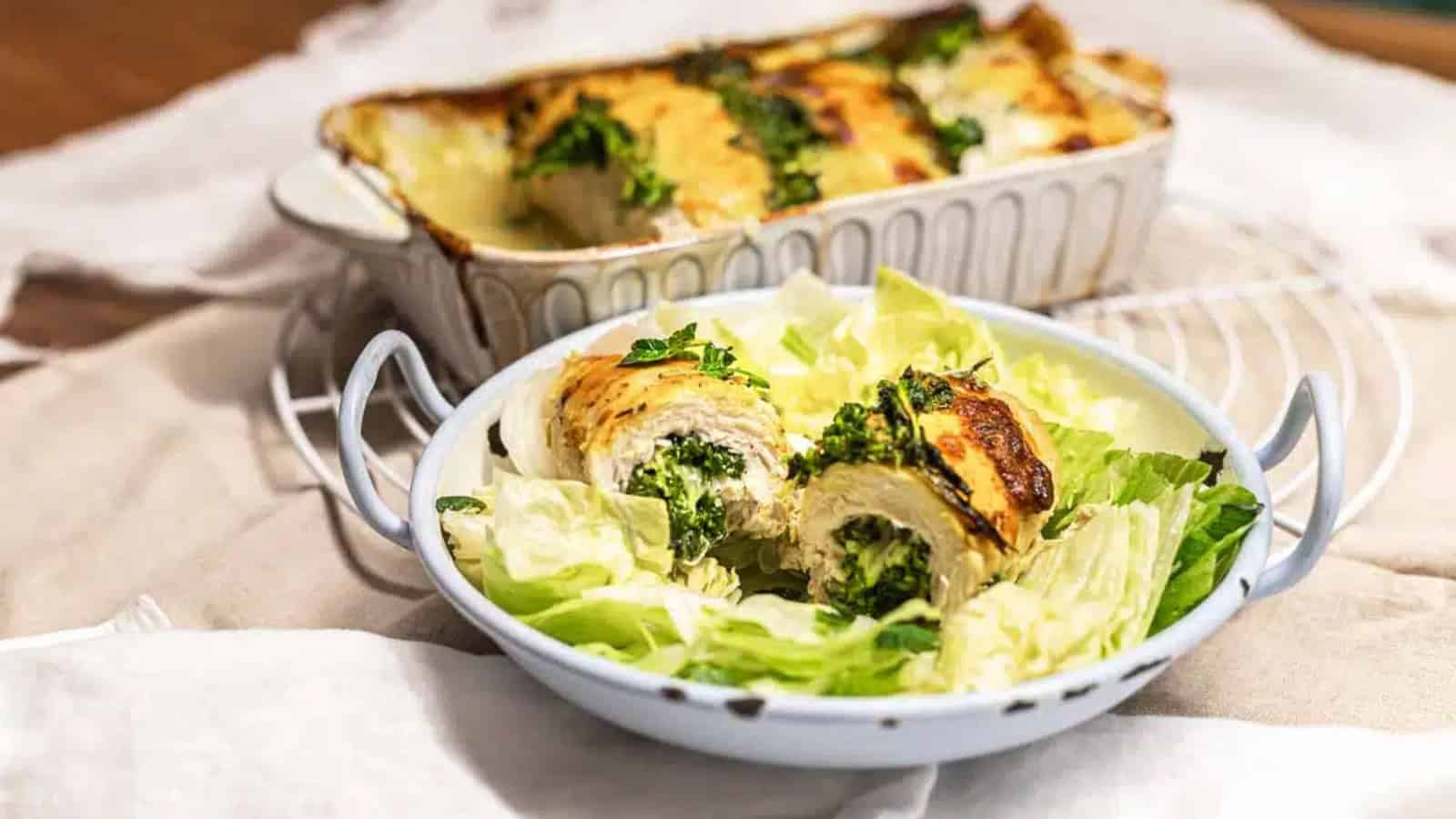 Stuffed chicken casserole served with lettuce.