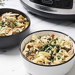 Two bowls of chicken noodle soup garnished with parsley, with a slow cooker in the background.