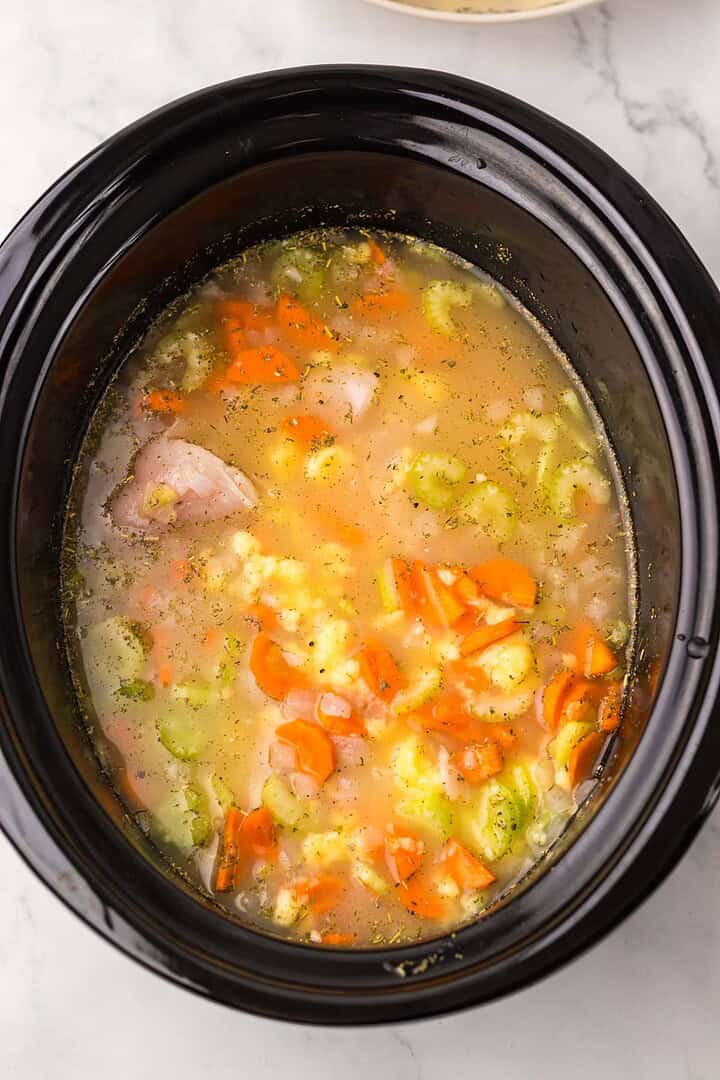 Slow cooker filled with broth, chopped carrots, celery, and chicken pieces, ready to cook on a white surface.