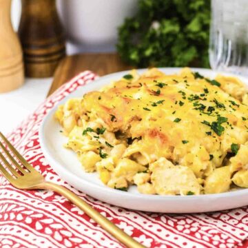 A plate of cheesy chicken casserole topped with herbs, served on a white dish with a gold fork nearby.