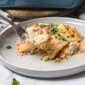 A fork lifts a cheesy, layered chicken casserole with herbs from a gray plate.