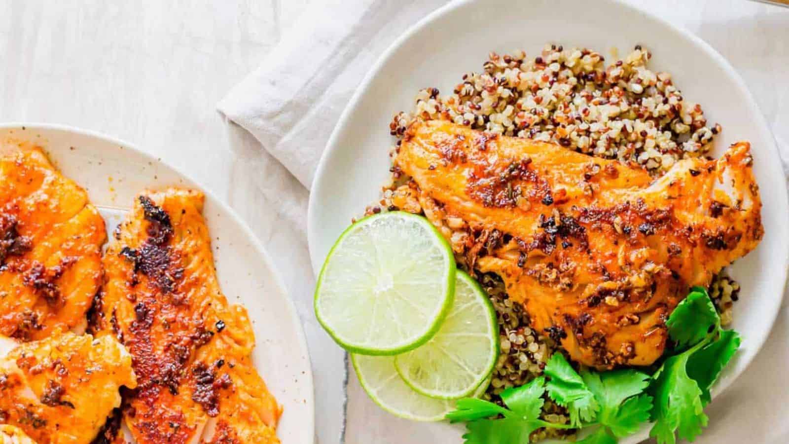 Blackened cod served with tri color quinoa.