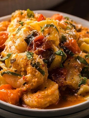 A plate of pasta with tomato sauce, shrimp, vegetables, and fresh herbs, served on a stack of white dishes.