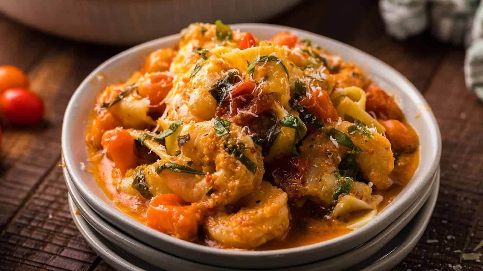 A plate of pasta with tomato sauce, shrimp, vegetables, and fresh herbs, served on a stack of white dishes.