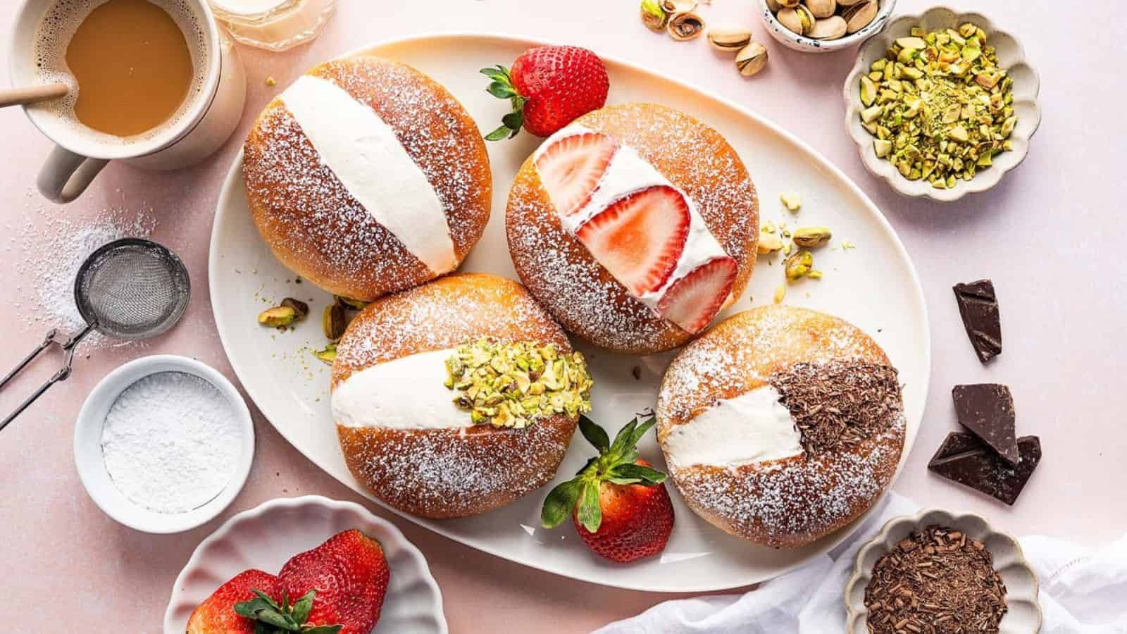 Plate of four pastries with various toppings: cream, sliced strawberries, crushed pistachios, and chocolate shavings. Accompanied by whole strawberries, chocolate pieces, and a cup of coffee.