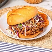 BBQ Pulled Pork sandwich with coleslaw and chips on a white plate, with plants in the background.