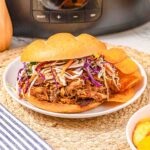 BBQ Pulled Pork sandwich with coleslaw and potato chips on a plate in front of a Crock-Pot slow cooker.