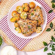 Plate of garlic parmesan chicken thighs and yellow potatoes, garnished with herbs and parmesan, on a striped napkin—perfect inspiration for those seeking new slow cooker recipes.