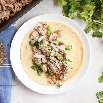 A tortilla topped with tender Carnitas, chopped onion, and cilantro on a white plate.