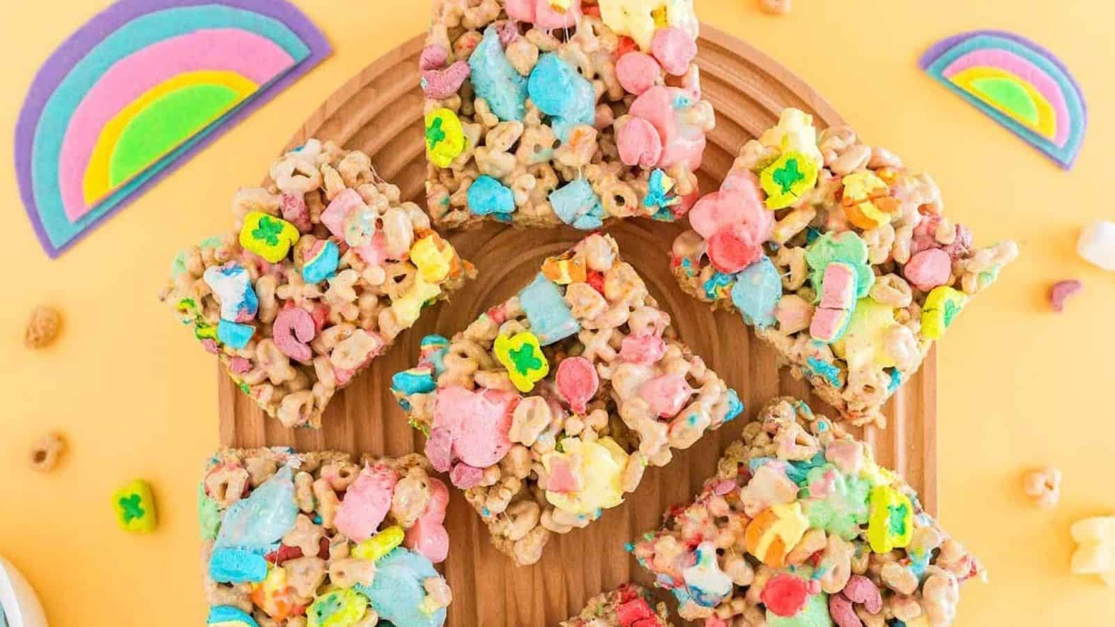 Rice Krispie treat squares topped with green and white sprinkles.