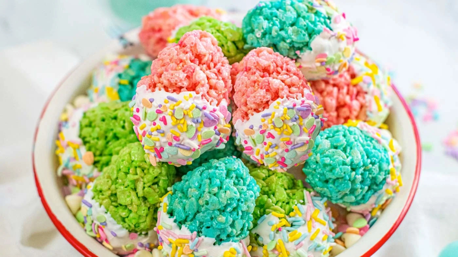 Rice krispie easter eggs in a serving bowl.
