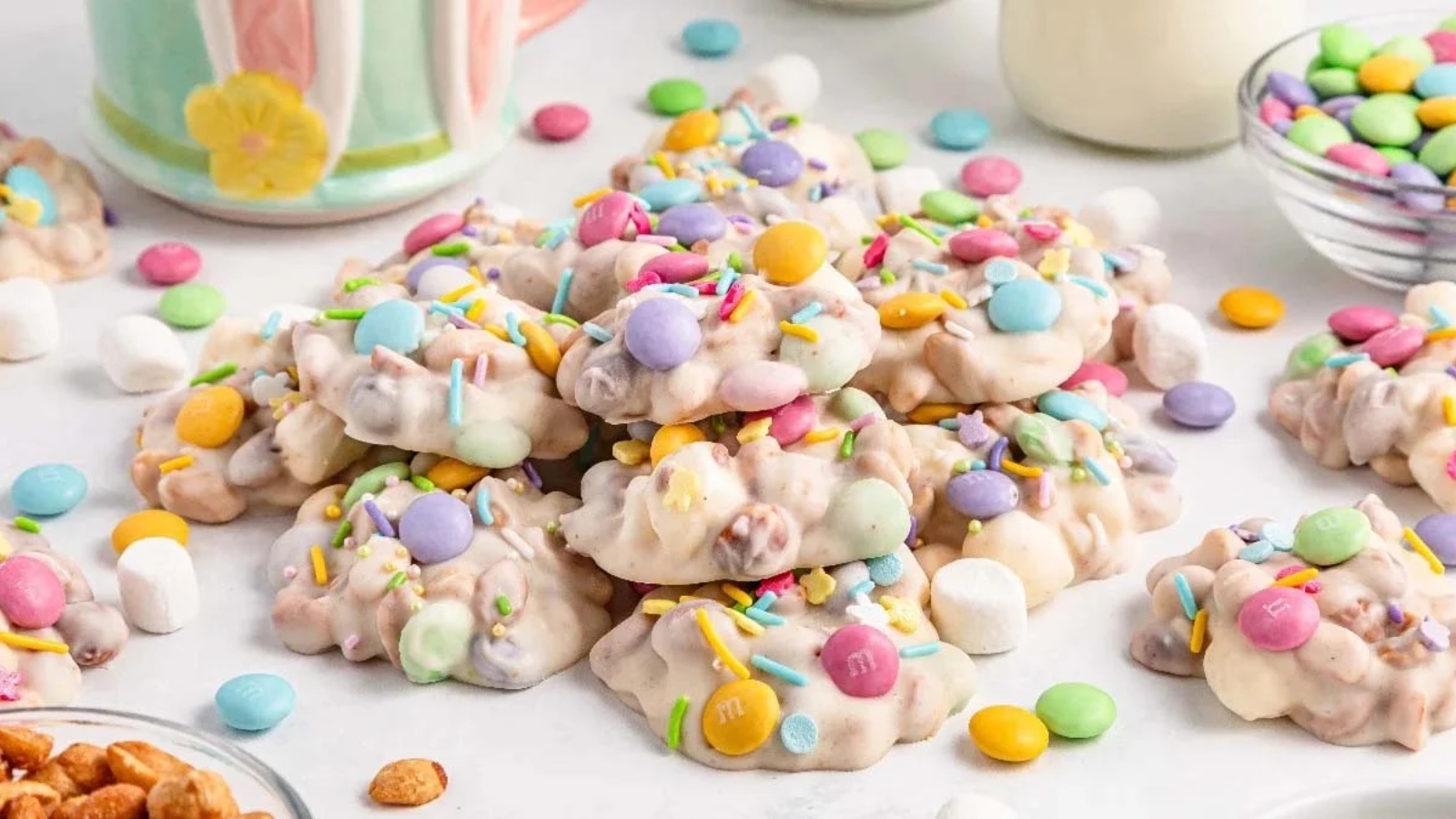 Slow cooker filled with colorful Easter candy mixture.