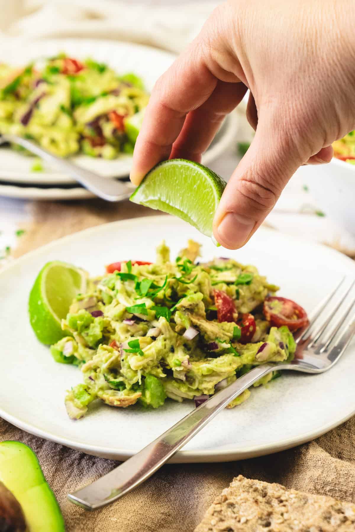 A hand squeezes a lime wedge over a plate of fresh avocado guacamole with tomatoes, onions, and herbs.