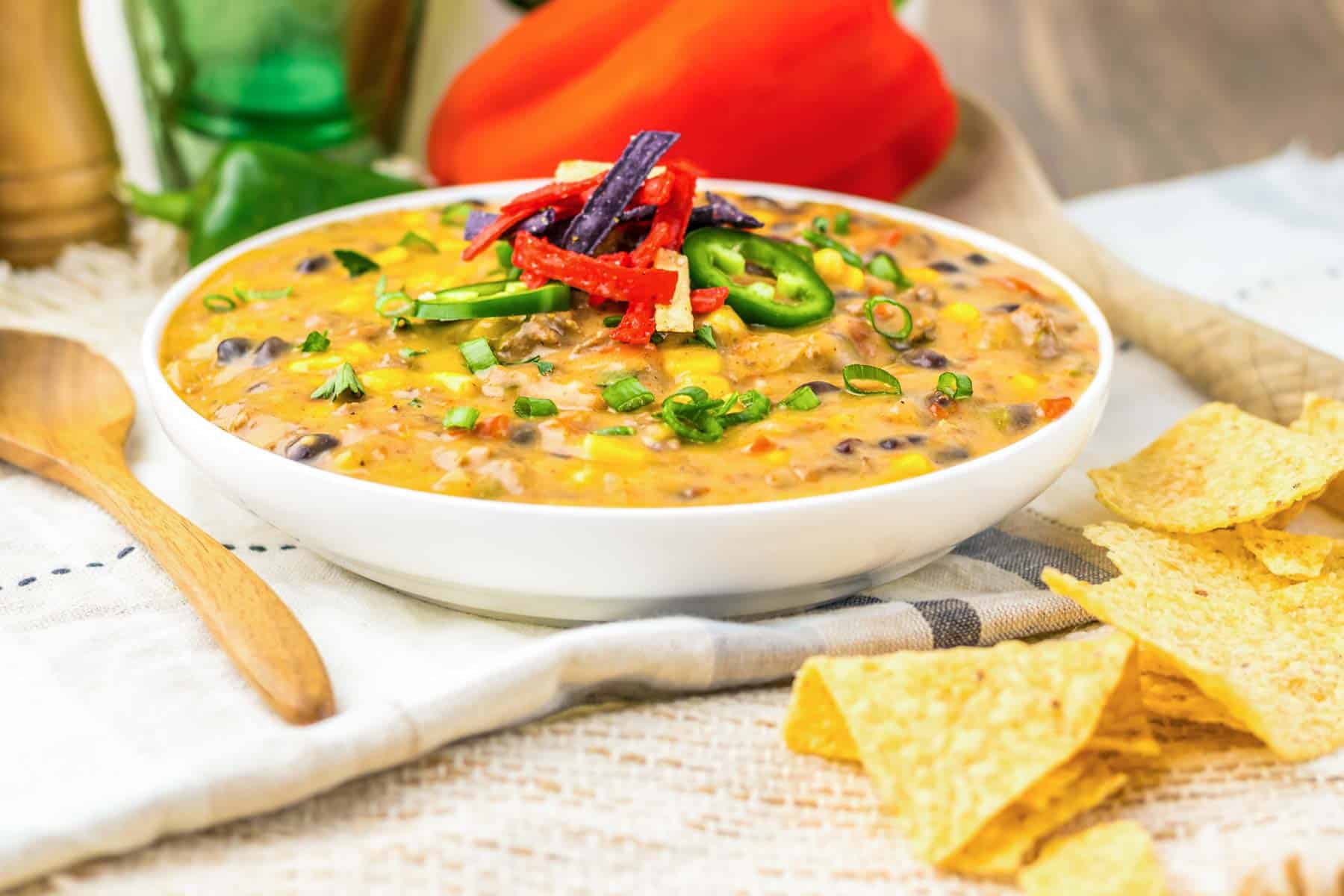 A bowl of cheesy black bean dip inspired by Nacho Soup, topped with jalape&ntilde;os, tortilla strips, and green onions, with tortilla chips nearby. Try this easy slow cooker recipe for your next gathering!.