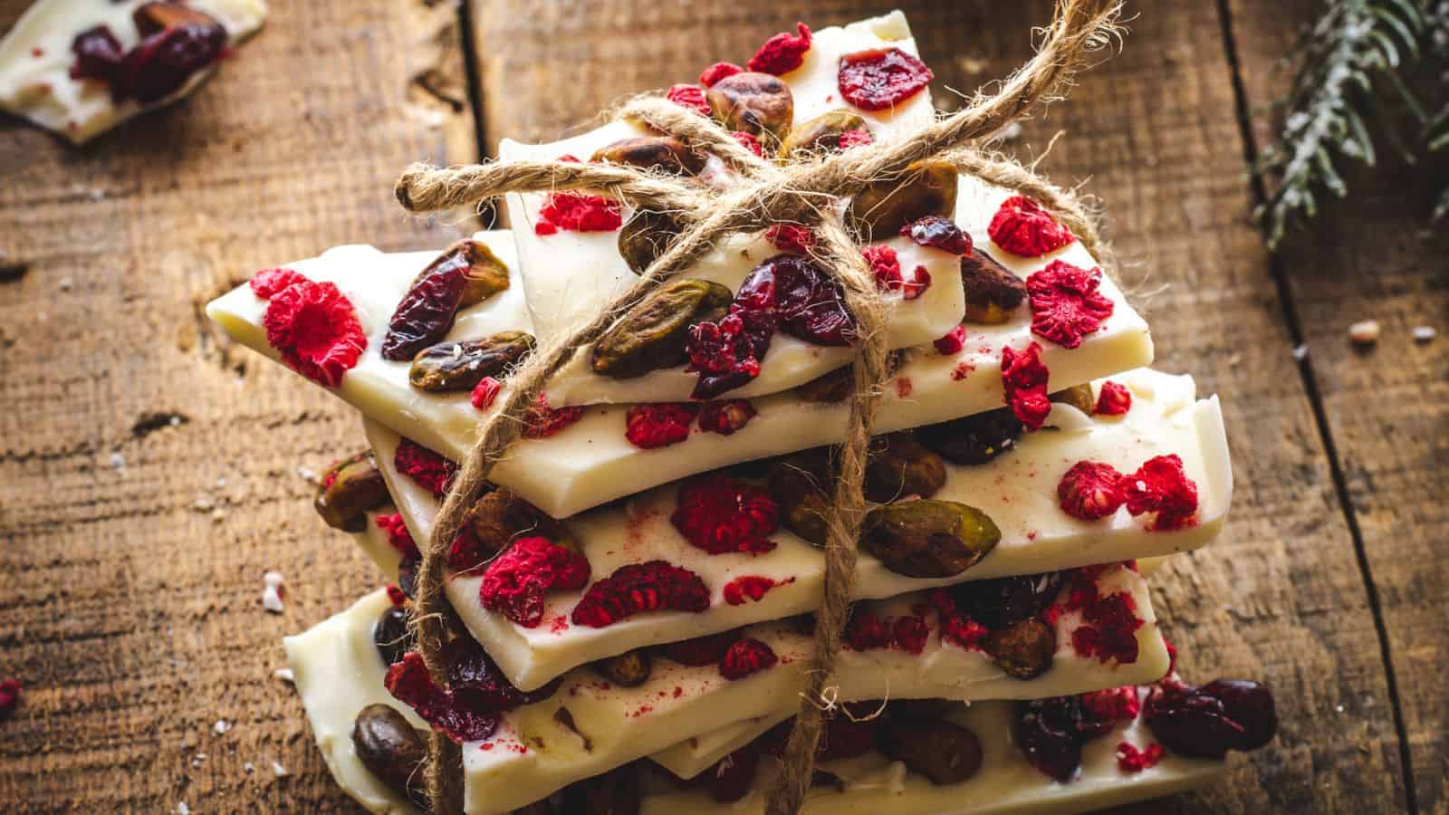 Stack of white chocolate bark with nuts and dried berries, tied with twine on a rustic wooden surface&mdash;perfect as budget desserts or thoughtful Mother&rsquo;s Day desserts.