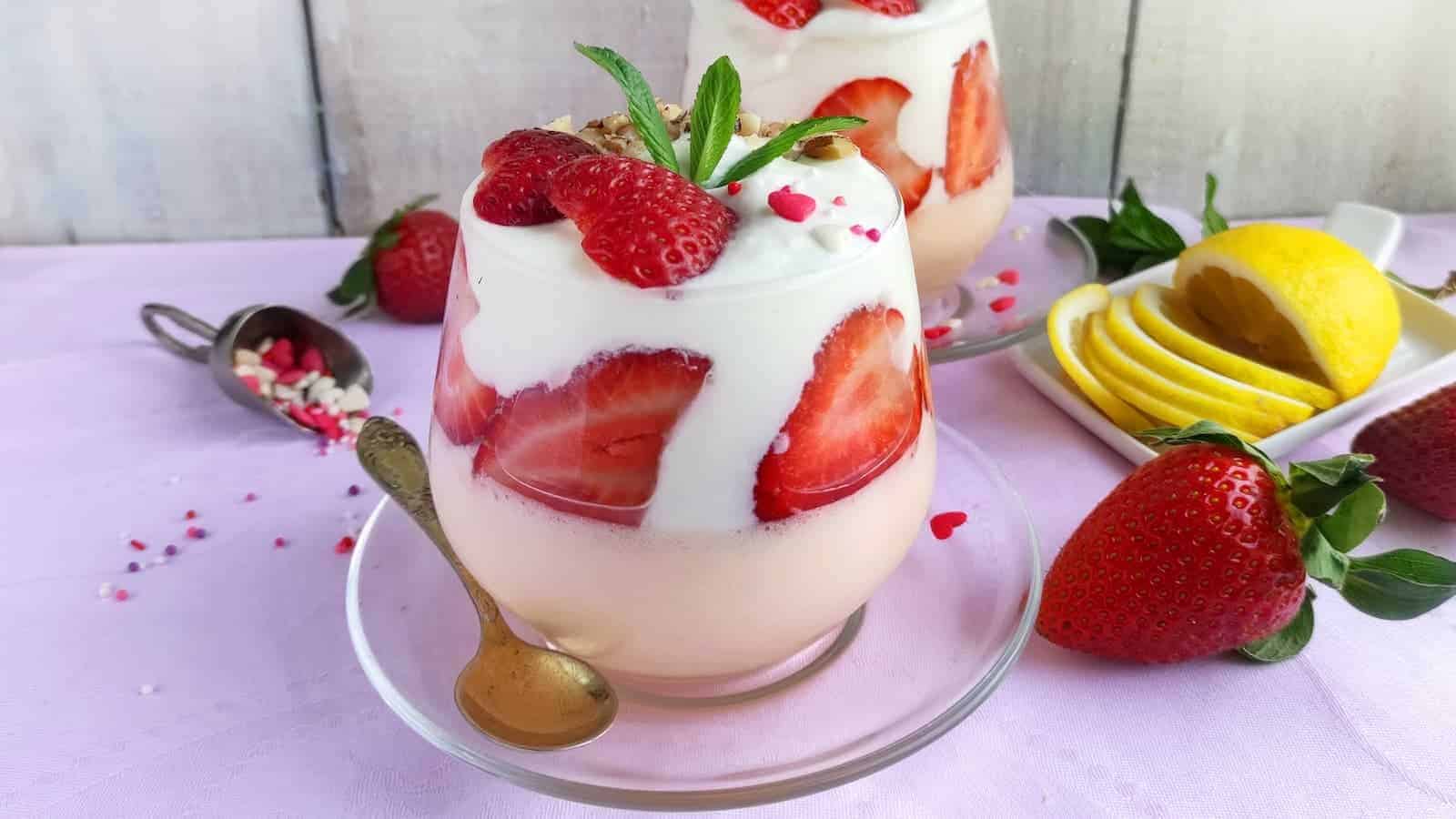Strawberry yogurt parfait in a stemless wine glass with another one in the background. 