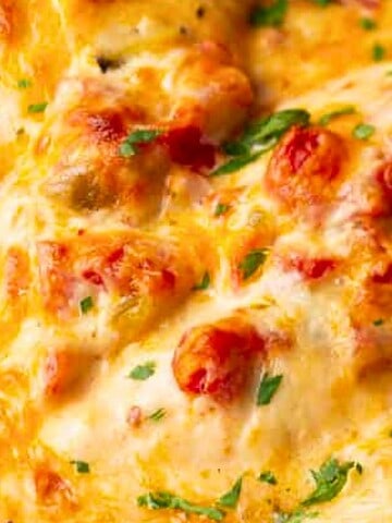 Baked chicken breasts in a creamy, cheesy sauce with tomatoes and chopped parsley on top.