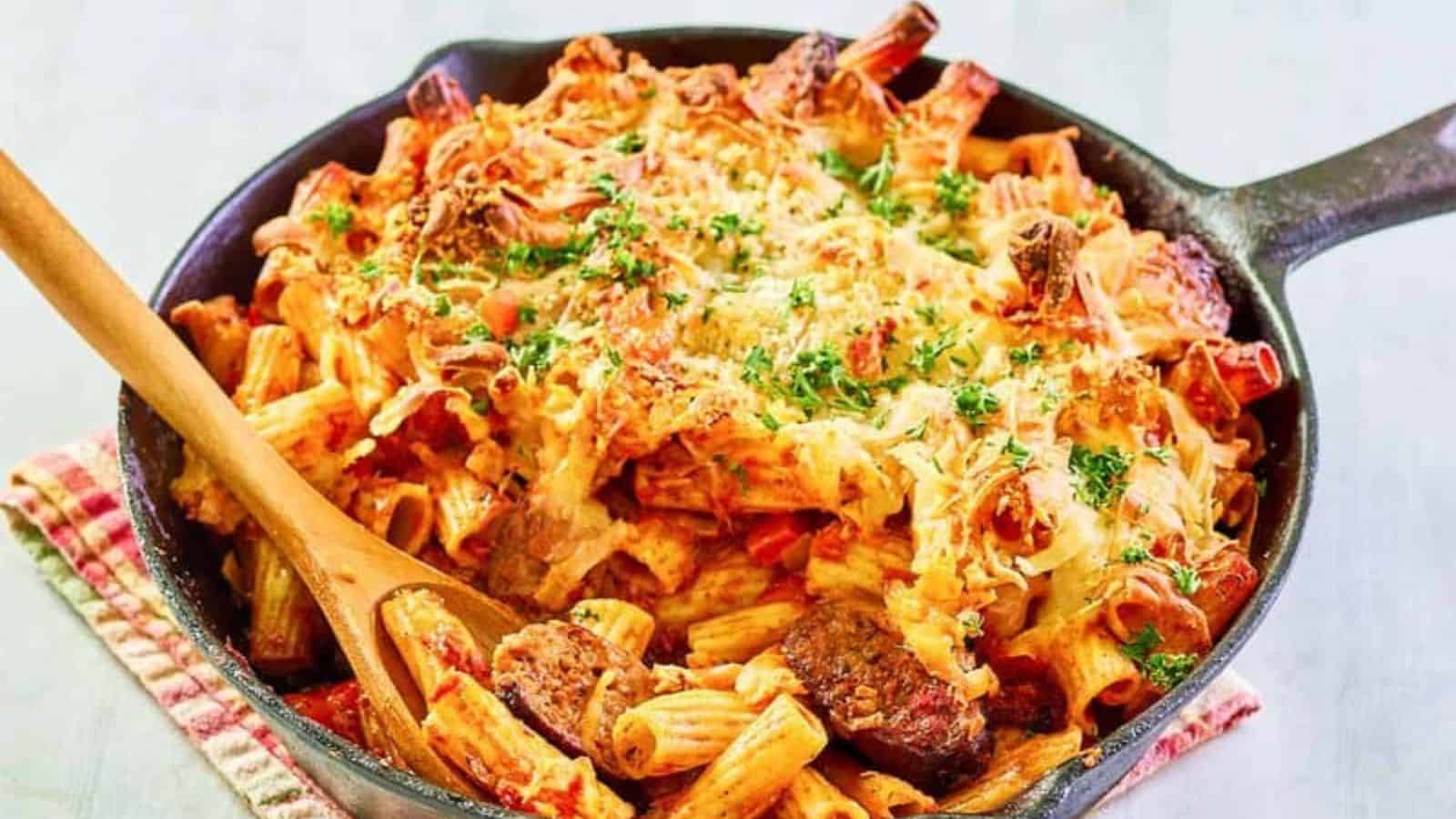 Baked rigatoni pasta with meatballs, cheese, and herbs in a cast iron skillet, with a wooden spoon.