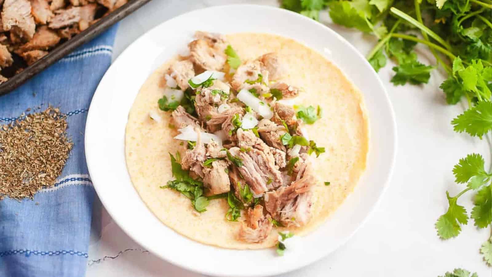 A plate with a carnitas taco on a tortilla, topped with onions and cilantro, next to fresh cilantro and spices.