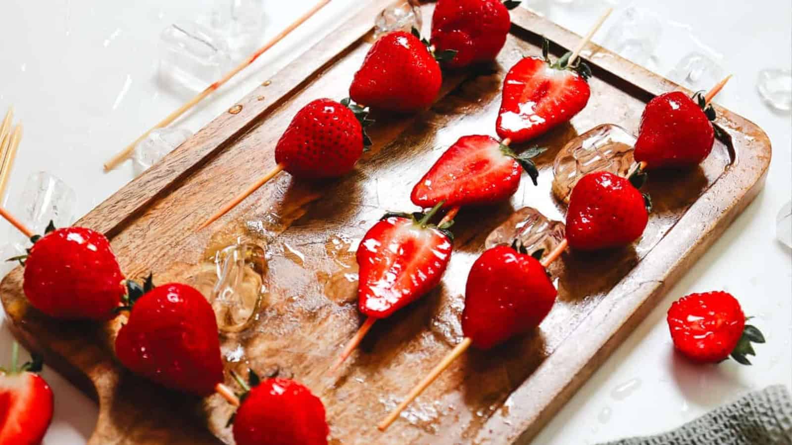 Fresh strawberries and ice cubes on skewers rest on a wet wooden cutting board, with a few ice cubes scattered around.