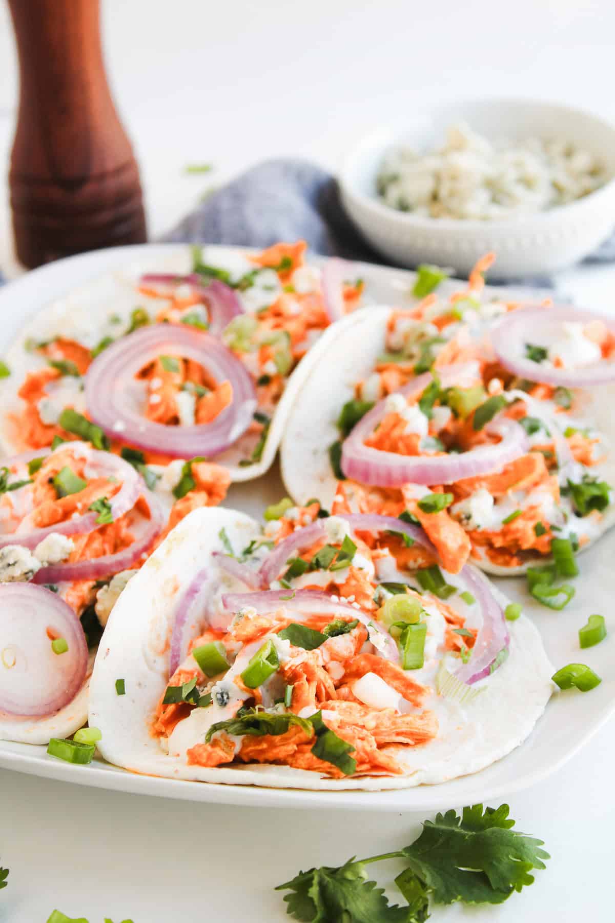 Soft Chicken Tacos filled with shredded chicken, sliced red onions, green onions, and crumbled cheese on a white plate—an easy recipe perfect for any meal.