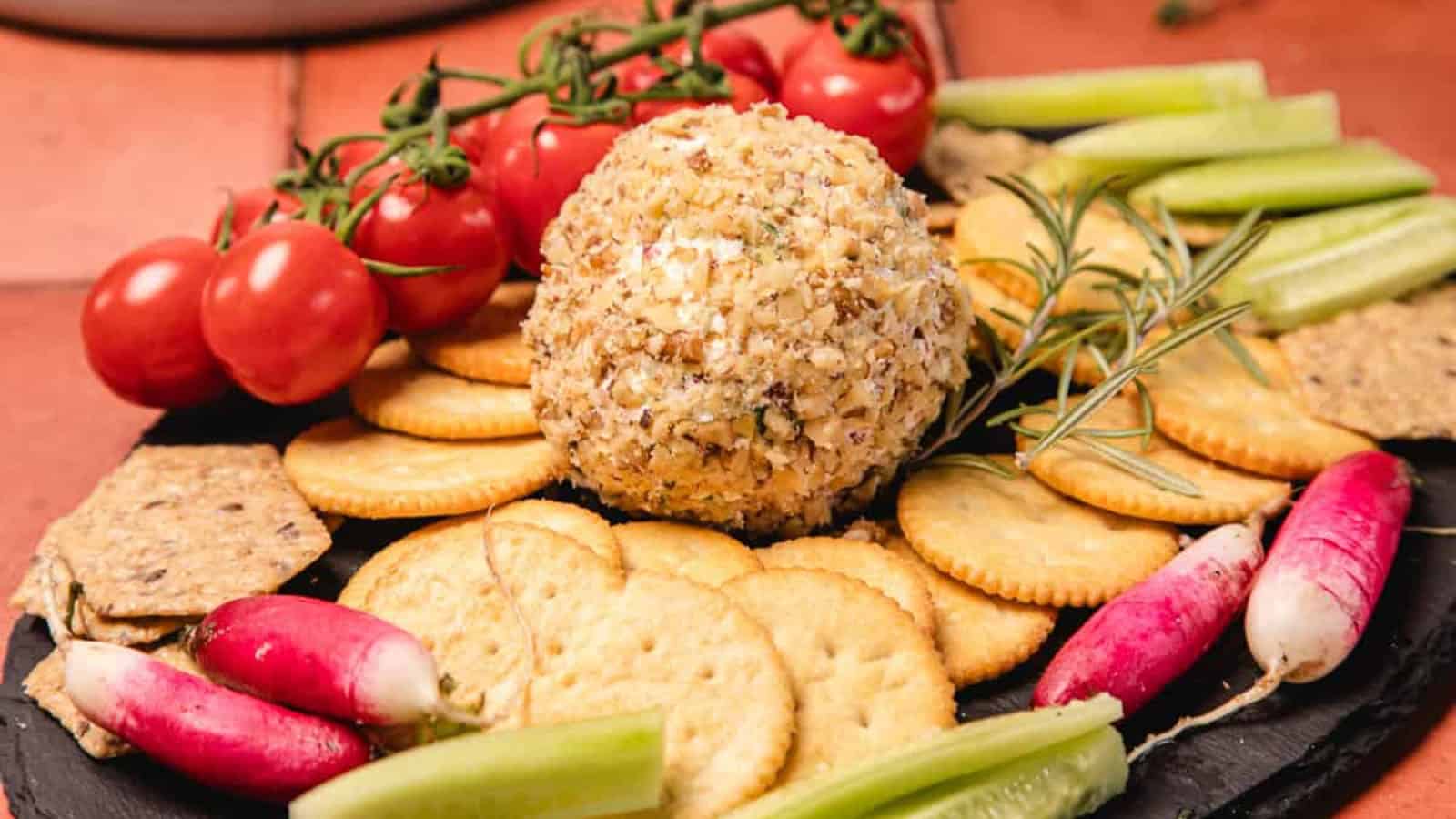 Cheese ball coated in nuts, surrounded by crackers, tomatoes, radishes, and cucumber slices on a platter.