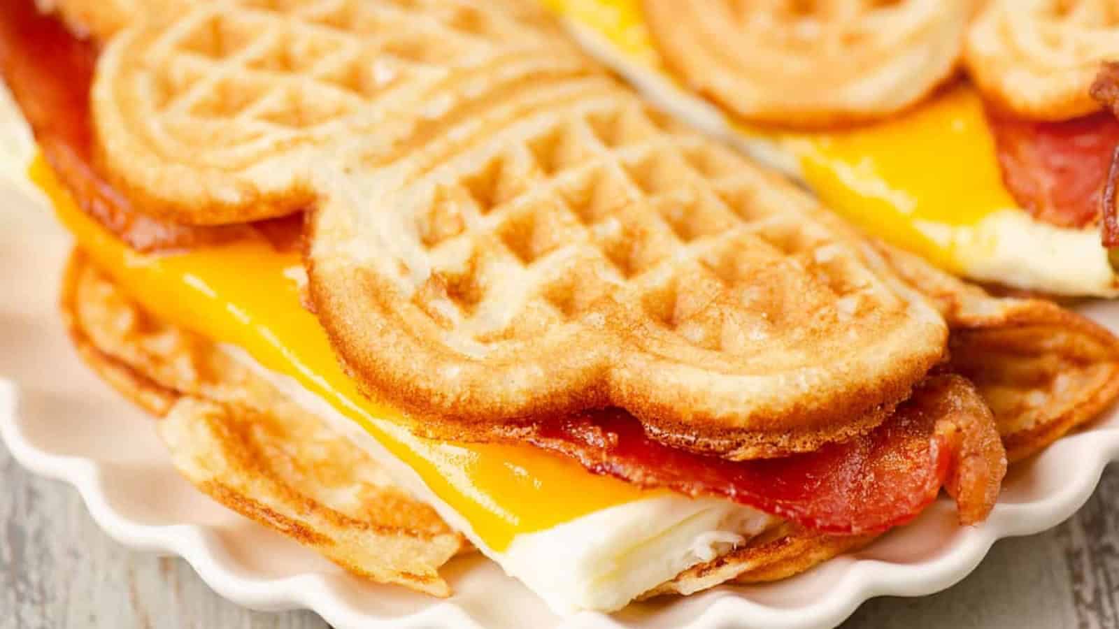 Waffle sandwich with egg, cheddar cheese, and bacon on a white plate.