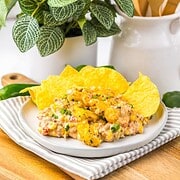 Plate of cheesy Slow Cooker Cowboy Dip with tortilla chips, in front of a plant and wooden utensils in a white container.