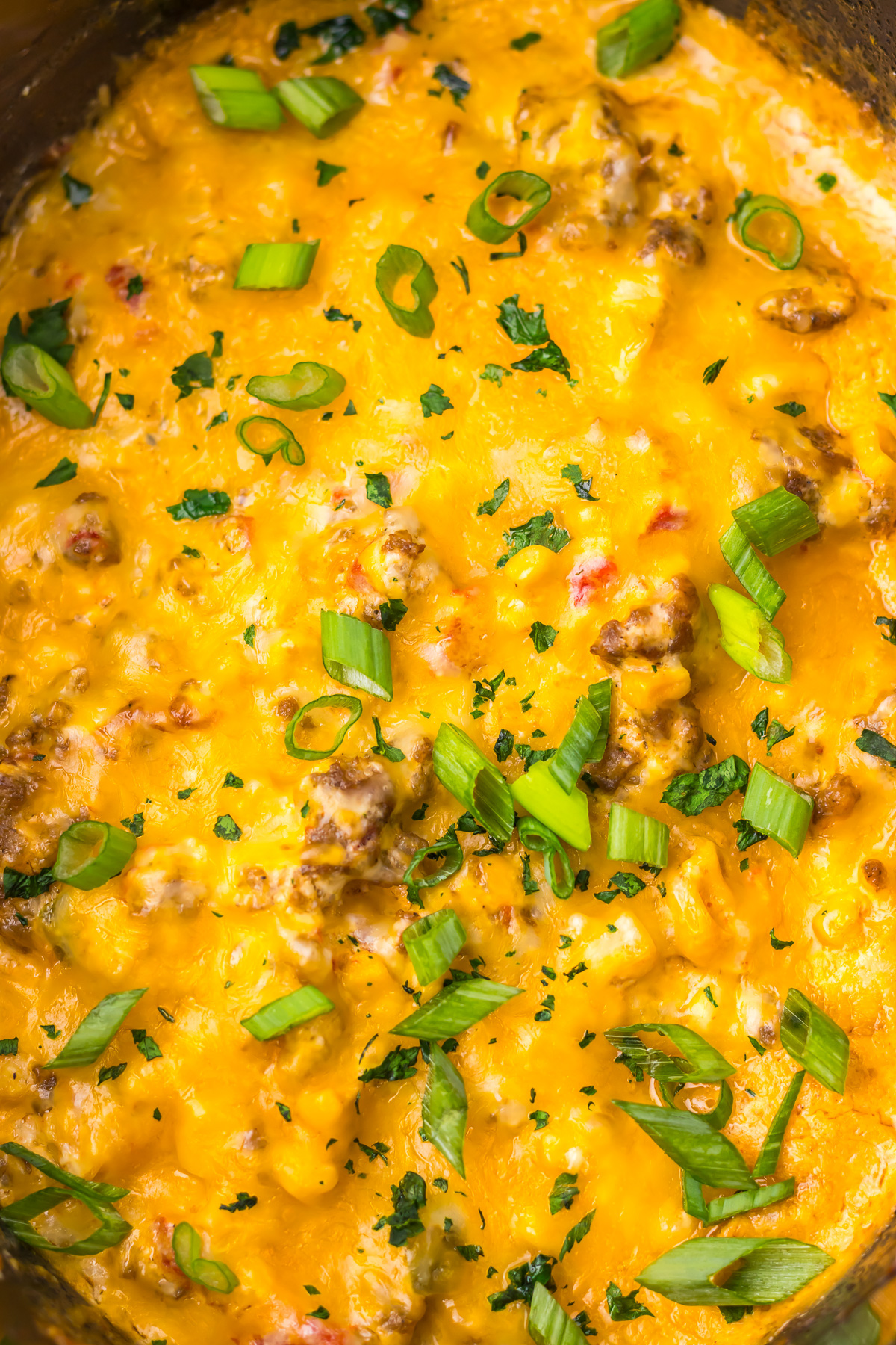 Slow Cooker Cowboy Dip is a cheesy dip featuring ground meat, melted cheese, and chopped green onions, garnished with fresh herbs.