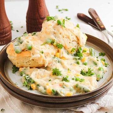 A Chicken Pot Pie with Biscuits on a plate, featuring a biscuit topped with creamy chicken and vegetable stew.