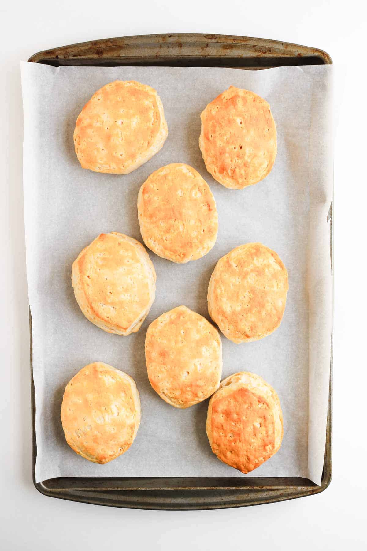 Seven chicken pot pie biscuits arranged on a parchment-lined baking sheet.