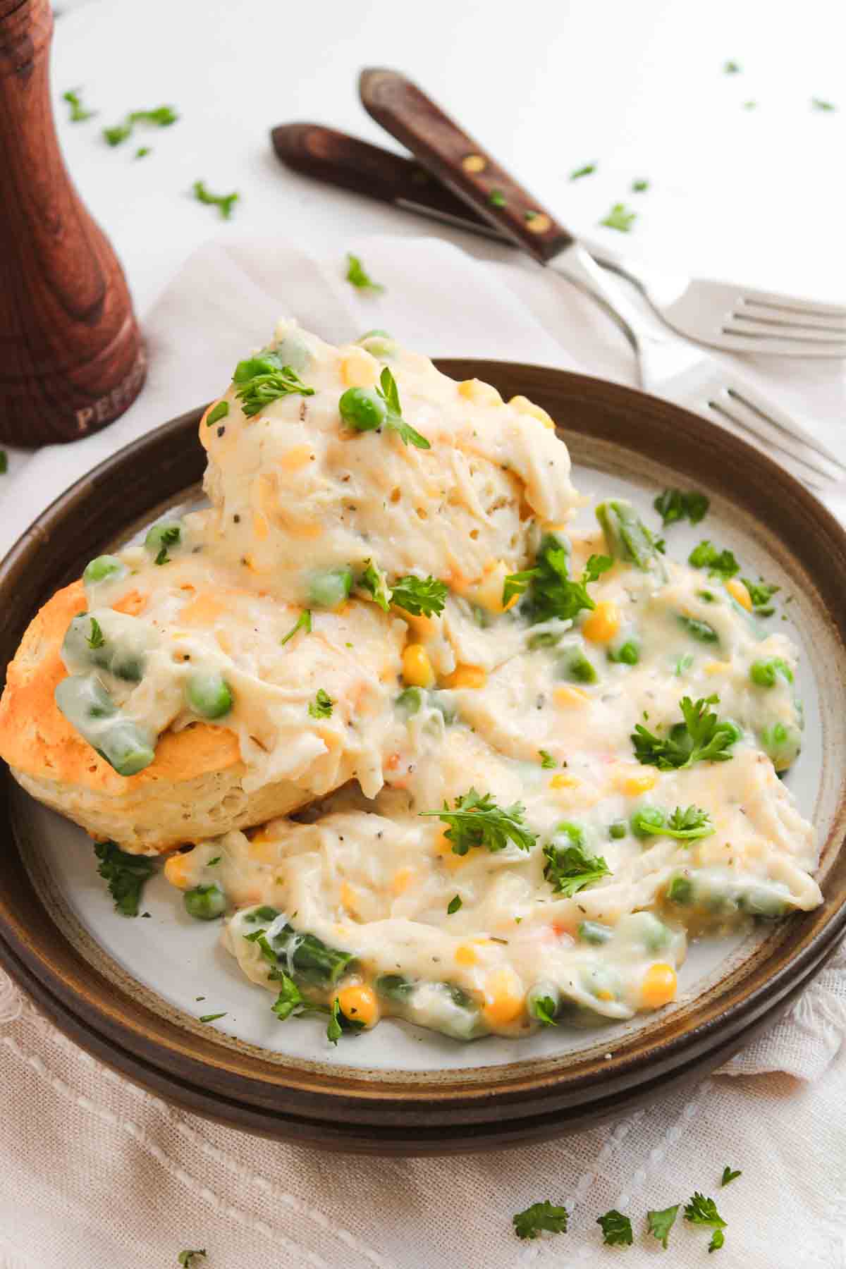 Chicken pot pie with biscuits, featuring chicken and vegetables in a creamy sauce.
